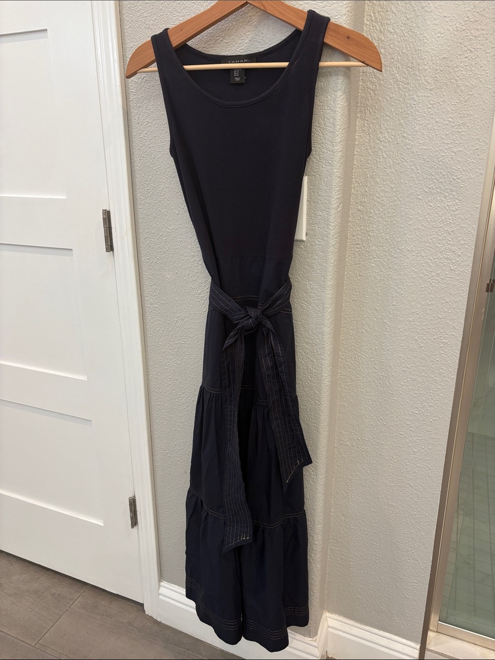 Tahari Navy Sleeveless Tie-Waist Maxi Dress